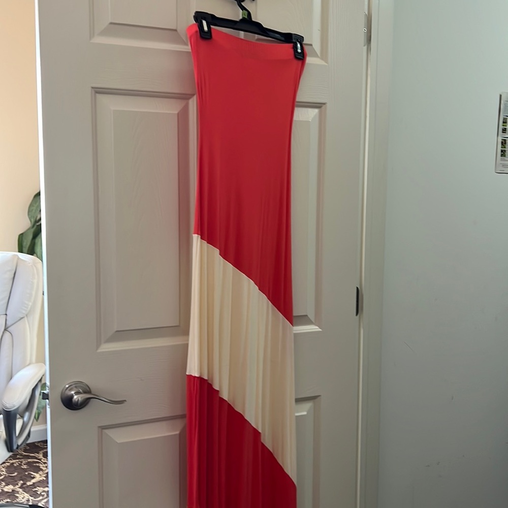 Venus cream and orange maxi strapless sundress in small